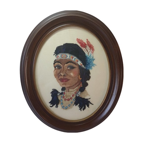 Vintage Petit Point Framed Artwork Indigenous Native American Man Woman Canadian - Picture 3 of 16